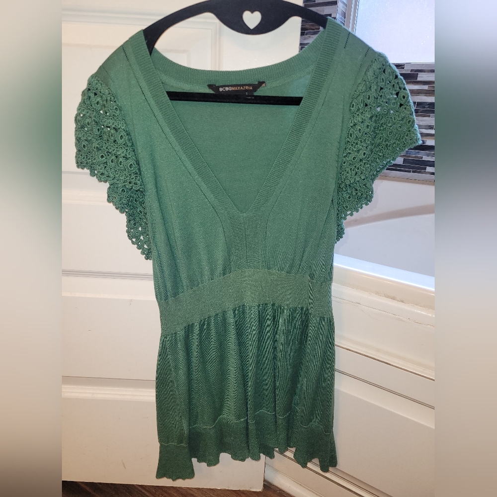 BCBG Green Crochet Sleeve Top